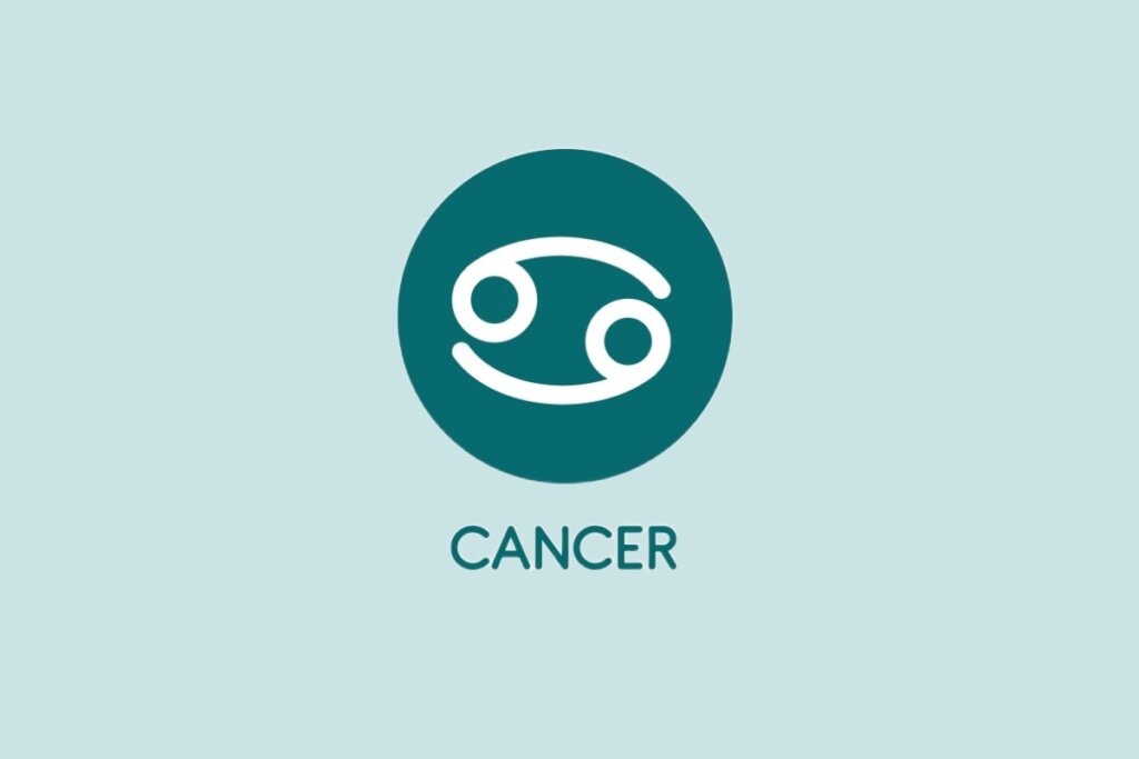 Ilustração do signo de Câncer, contendo o símbolo com duas formas ovais ligadas em um círculo sobre fundo verde-claro