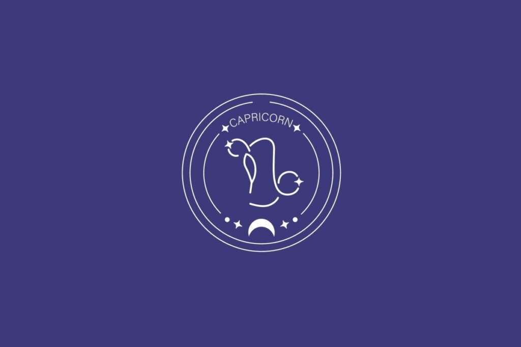 Ilustração do signo de Capricórnio, com símbolo formado por uma linha curva que se enrola na extremidade inferior, em fundo escuro