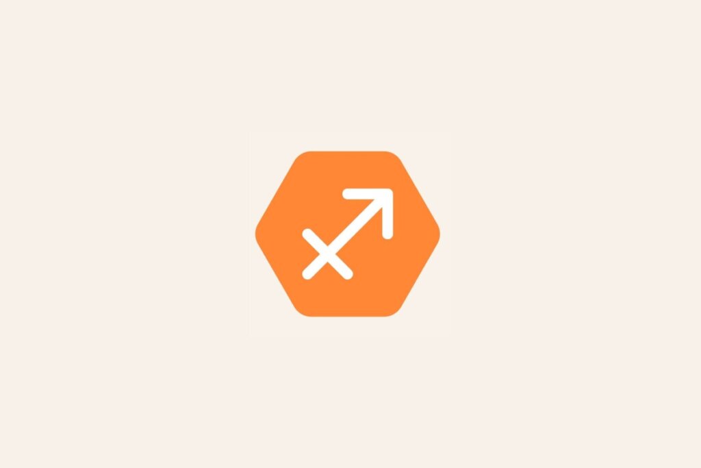 Ilustração do signo Sagitário, com símbolo branco de uma flecha apontando para cima à direita sobre fundo laranja em hexágono