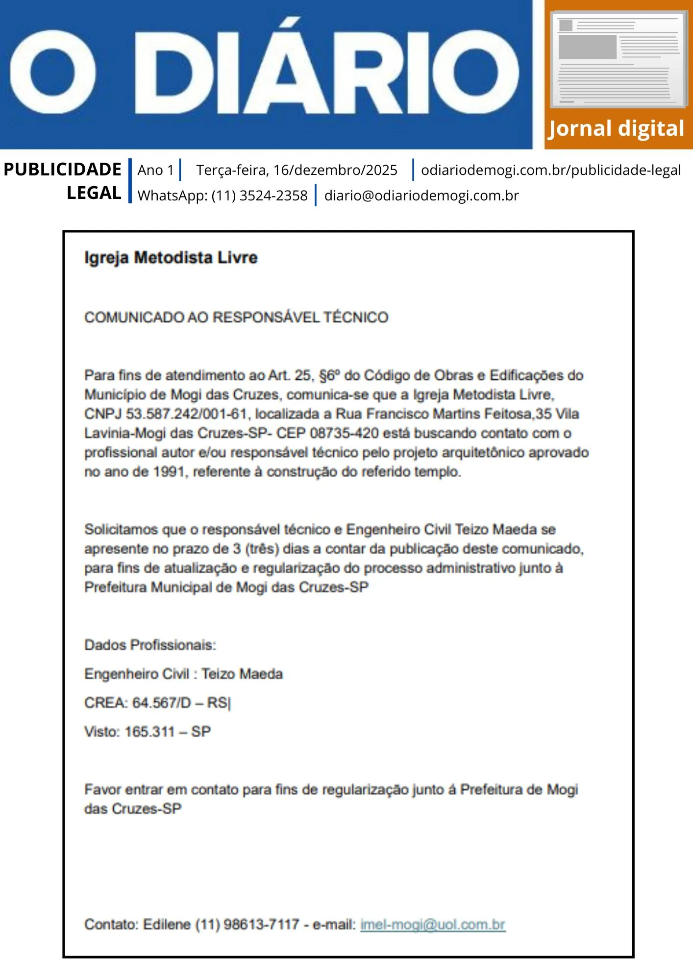 Terça-feira, 16 de dezembro de 2025