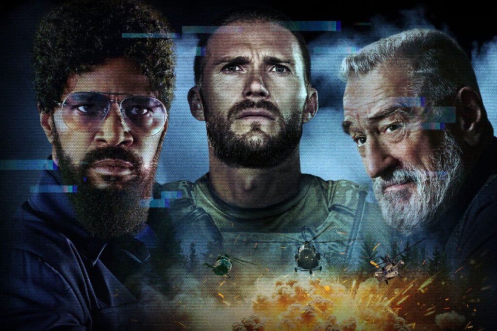 Capa do filme "Soldado de Chumbo" com a foto de três homens borrada, como se estivesse em uma tela de computador, e a imagem de uma explosão abaixo