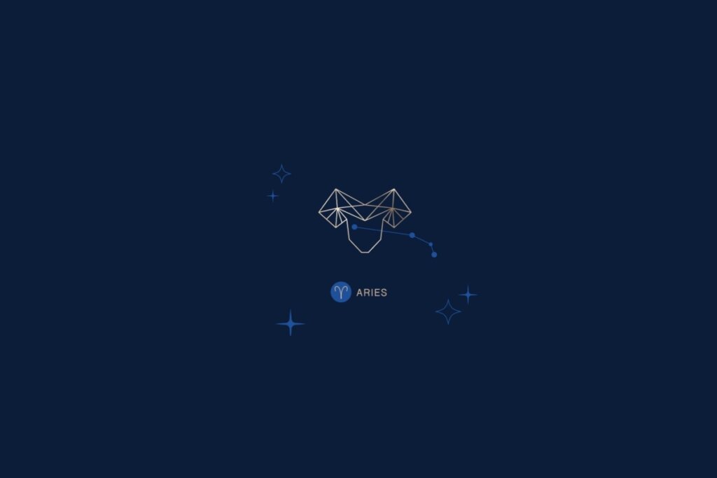 Ilustração de um carneiro, rodeado por estrelas, com o nome e a constelação do signo de Áries, em um fundo azul-escuro