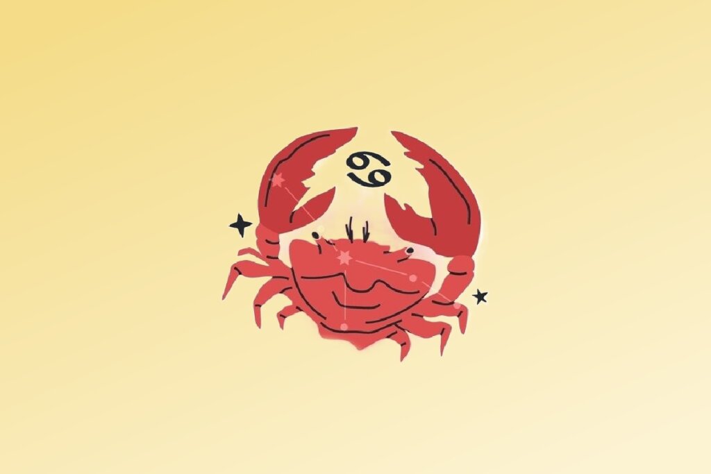 Ilustração do signo de Câncer contendo um caranguejo com símbolo do signo em fundo amarelo
