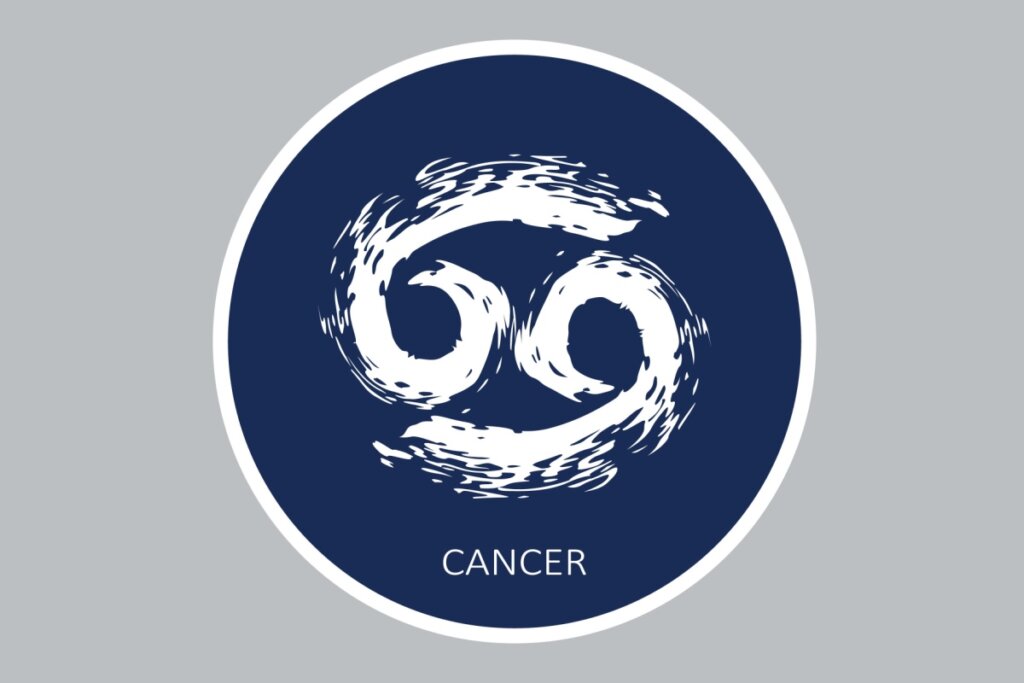 círculo azul-escuro com símbolo do signo de câncer e nome dele em inglês na cor branca