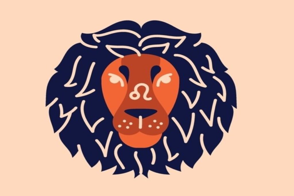 ilustração de leão com cara laranja e juba azul representando o signo de leão