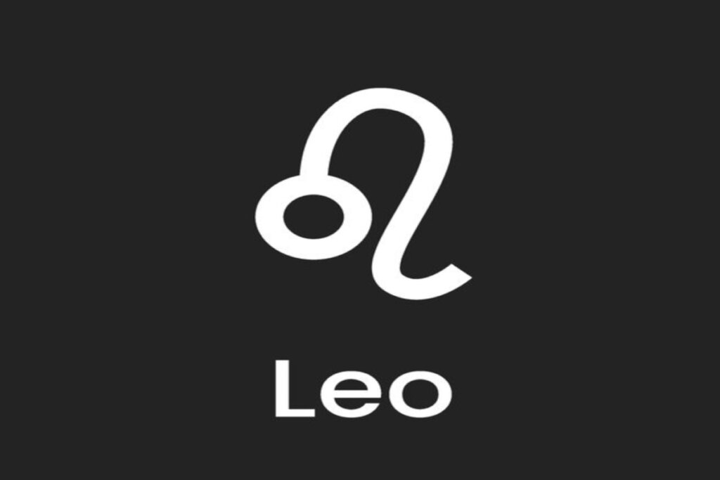 Símbolo e nome do signo de leão em fundo preto