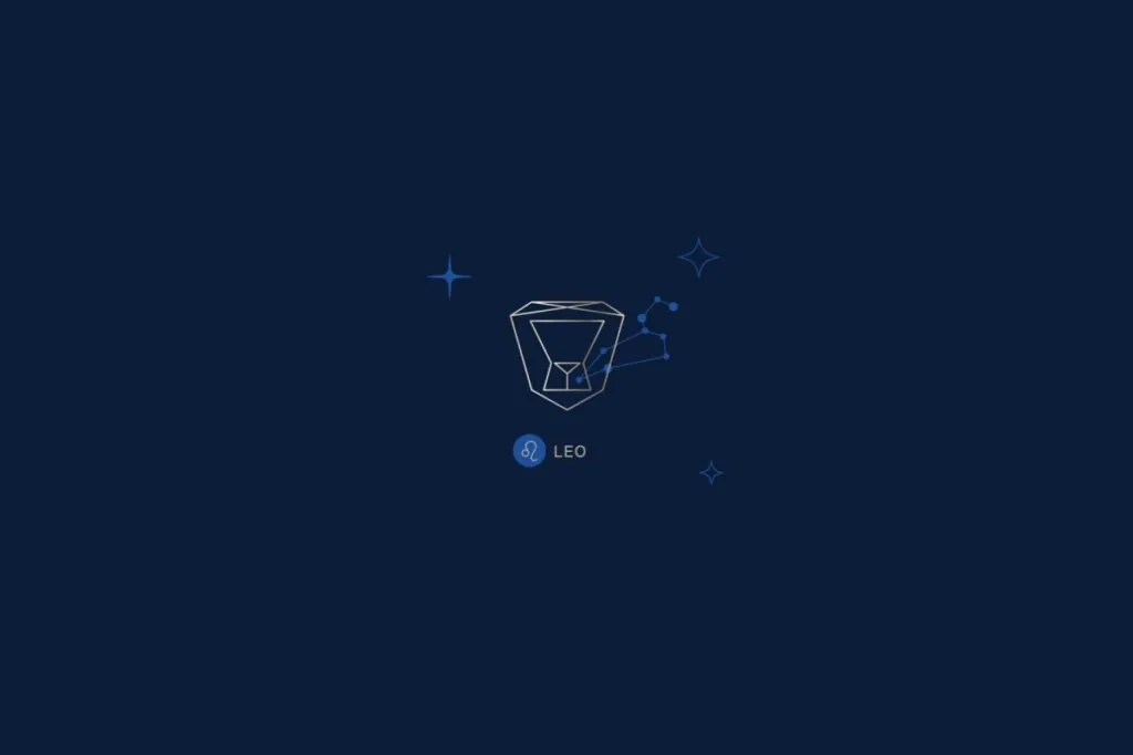 Ilustração de um leão, rodeado por estrelas, com o nome e a constelação do signo de leão, em um fundo azul-escuro