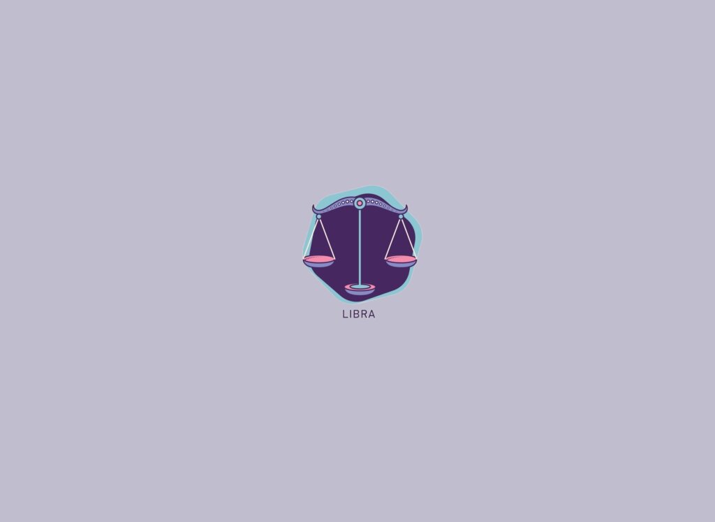Ilustração de uma balança, em um círculo roxo, em tons de roxo, azul, rosa e bege, sobre um fundo lilás