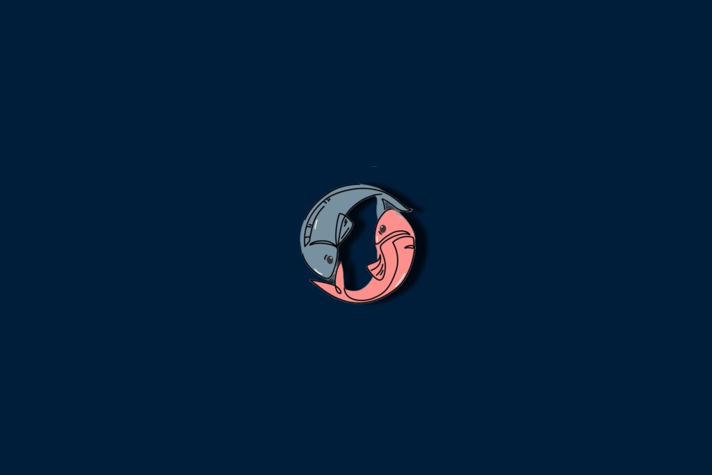 Ilustração de dois peixes na cor rosa e azul, formando um círculo, em um fundo azul-escuro