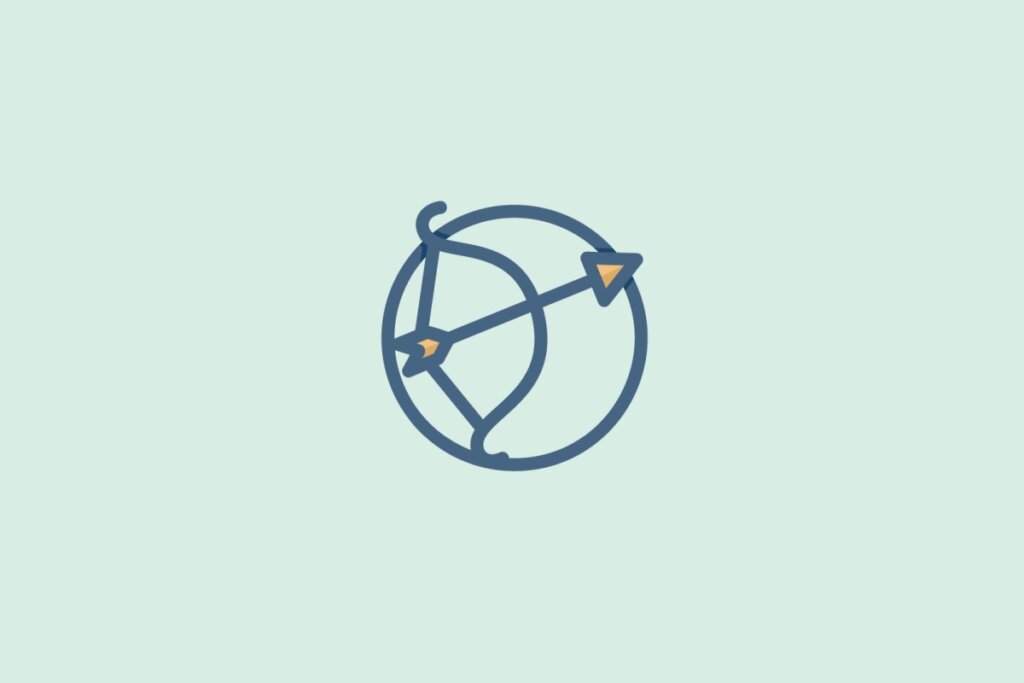 Ilustração do signo de Sagitário com um arco e flecha estilizados em um fundo azul-claro