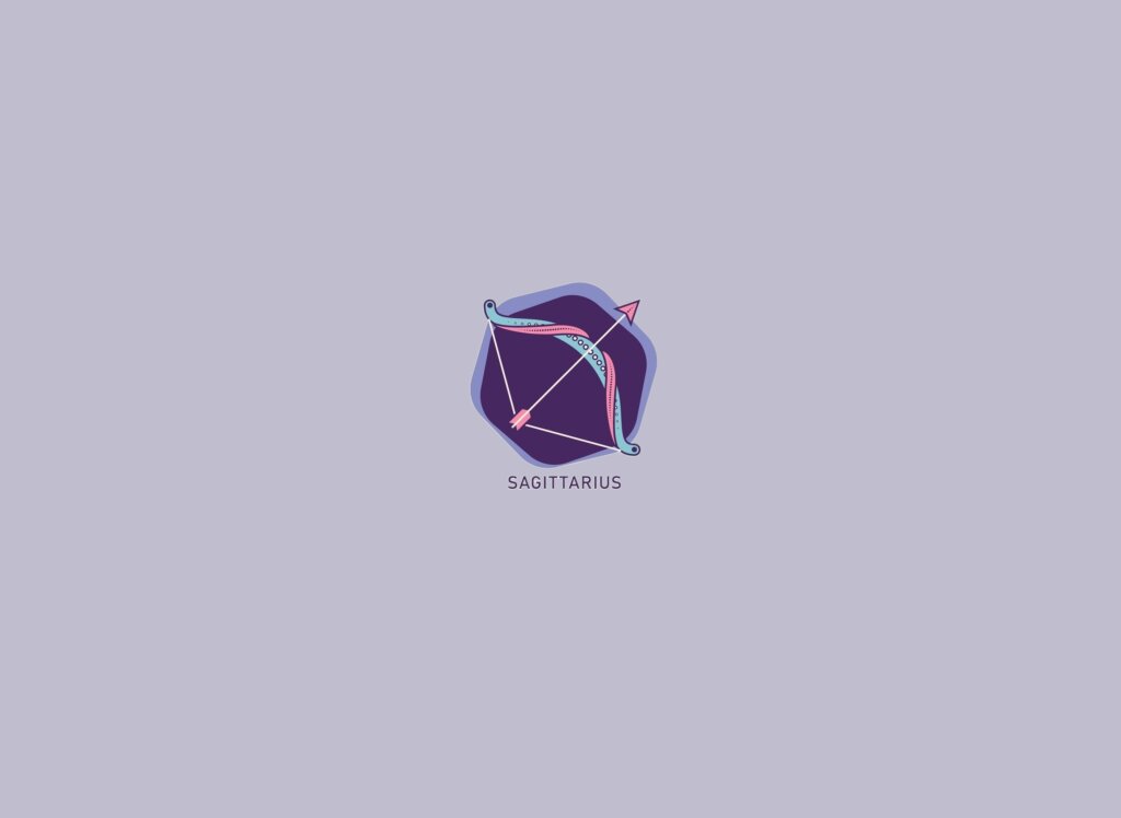 Ilustração de um arco e flecha, em um círculo roxo, em tons de roxo, azul, rosa e bege, sobre um fundo lilás