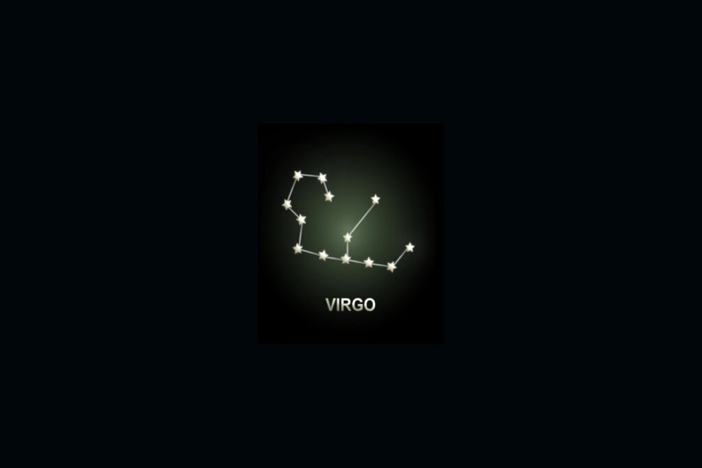 Ilustração da constelação do signo de Virgem em um fundo preto e iluminada por uma luz verde 