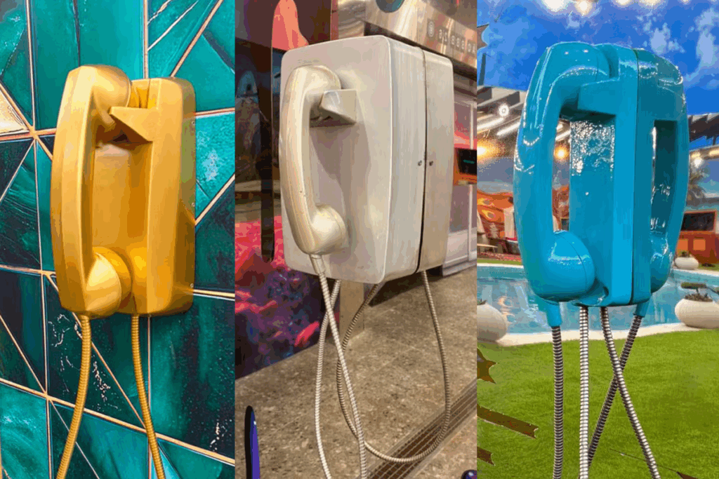 Imagem de três aparelhos de telefone em diferentes ambientes, um amarelo, um cinza e um azul 