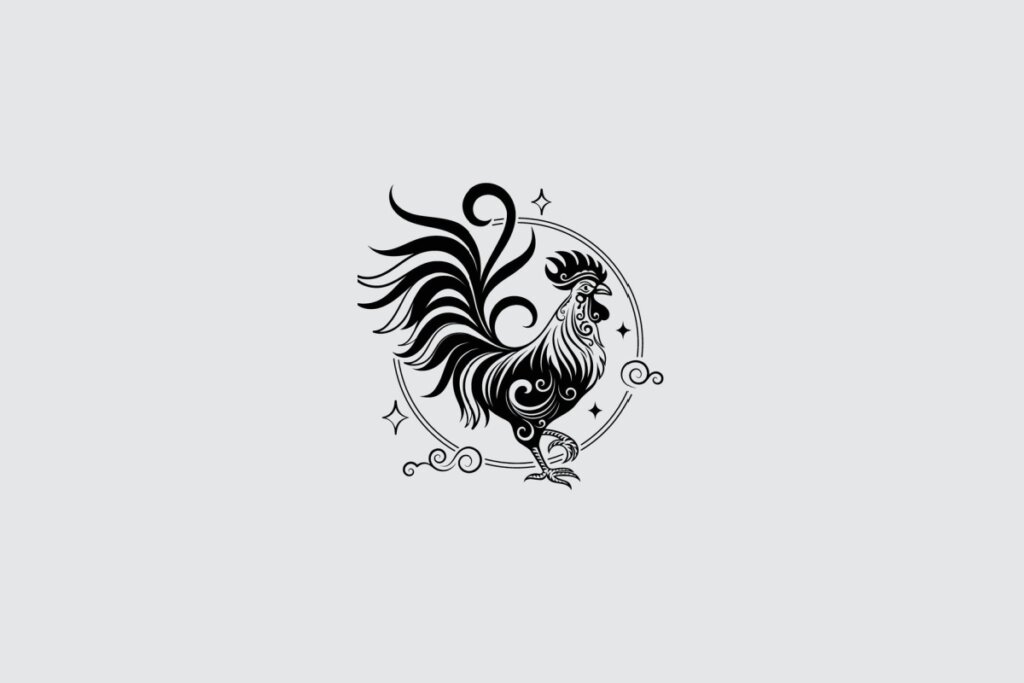 Ilustração do signo de Galo, contendo um galo com crista e cauda estilizadas em linhas curvas, inserido em círculo decorativo, em fundo cinza-claro