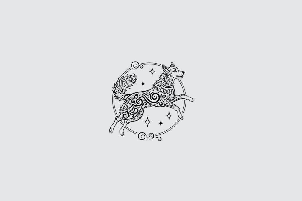 Ilustração do signo de Cão, contendo um cachorro estilizado em posição de salto, com traços ornamentais e moldura circular decorativa, em fundo cinza-claro