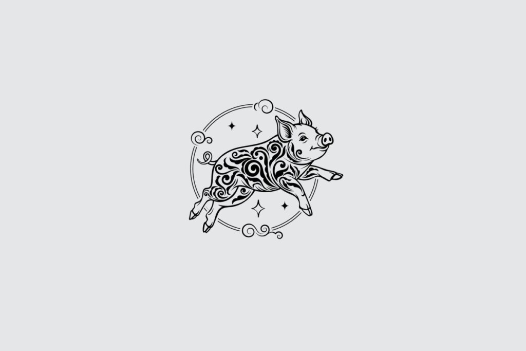 Ilustração do signo de Javali, contendo um javali estilizado em movimento, com desenhos ornamentais no corpo e moldura circular com símbolos gráficos, em fundo cinza-claro