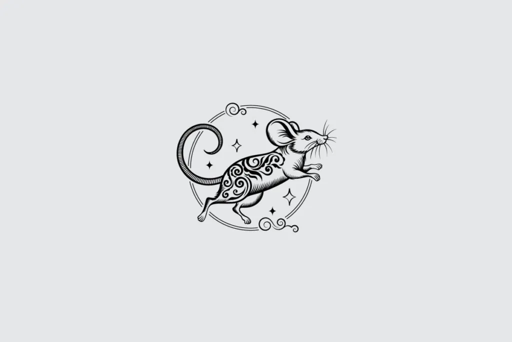Ilustração do signo de Rato, contendo um rato estilizado em posição de movimento, com traços ornamentais e círculo decorativo ao redor, em fundo cinza-claro