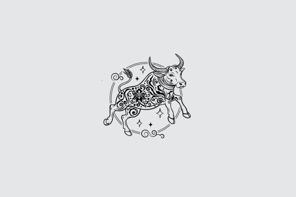 Ilustração do signo de Búfalo, contendo um búfalo com chifres curvados e detalhes gráficos no corpo, envolto por moldura circular ornamental, em fundo cinza-claro