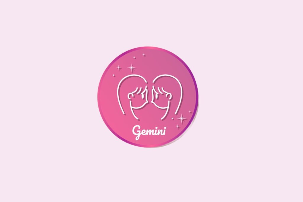 Ilustração do signo de Gêmeos, em fundo rosa, contendo o símbolo de dois rostos femininos voltados um para o outro