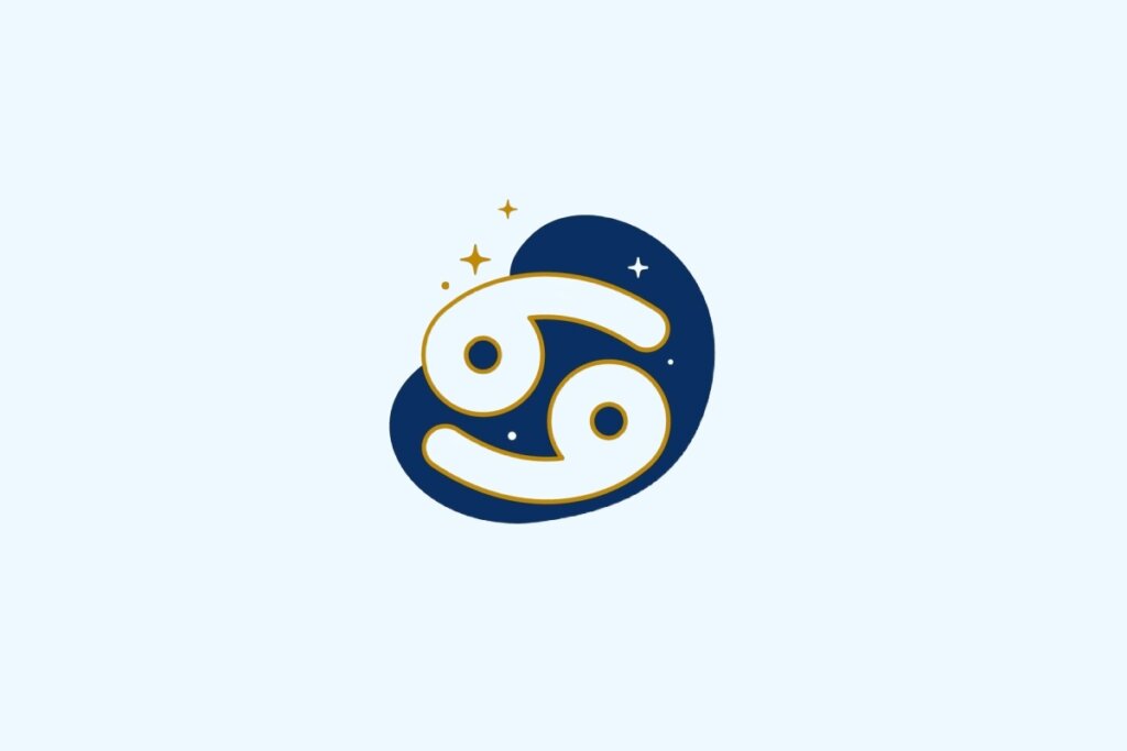 Ilustração do signo de Câncer contendo símbolo de pinças de caranguejo em azul-claro e dourado sobre fundo azul-claro