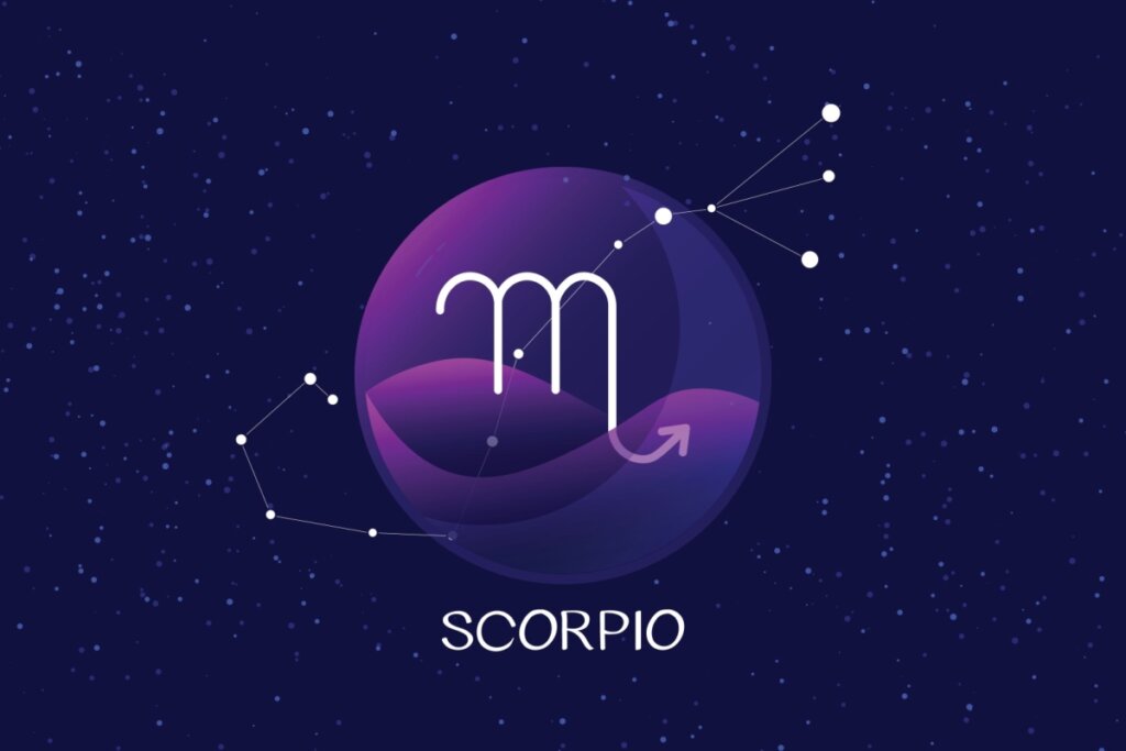 círculo roxo com o símbolo do signo de escorpião e fundo de estrelas