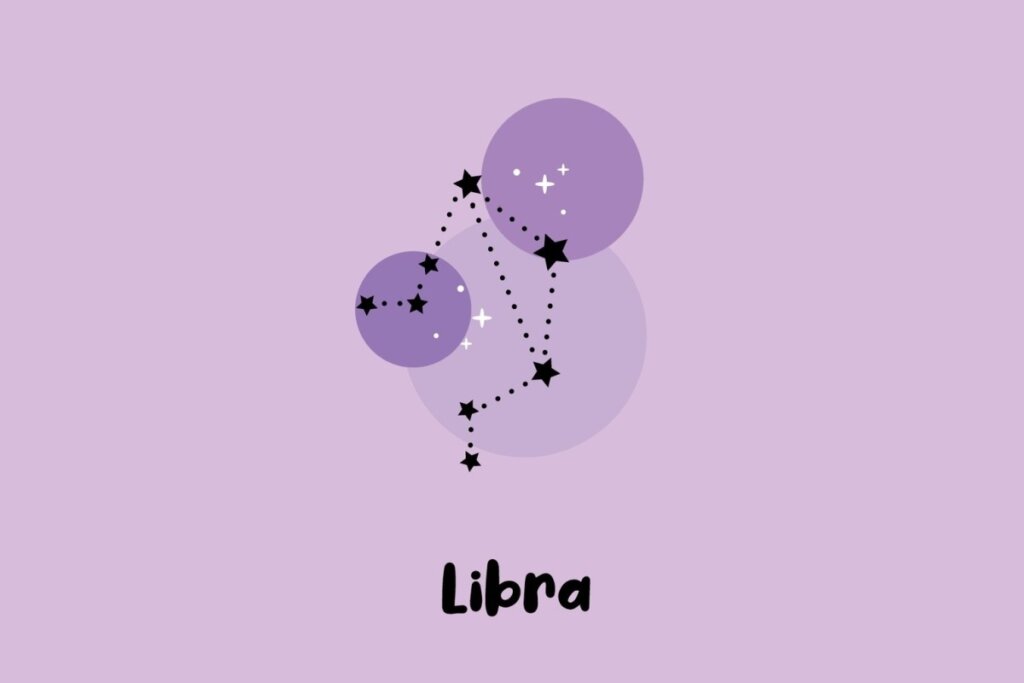 Ilustração da constelação do signo de Libra com estrelas pretas e círculos em tons de roxo em um fundo lilás