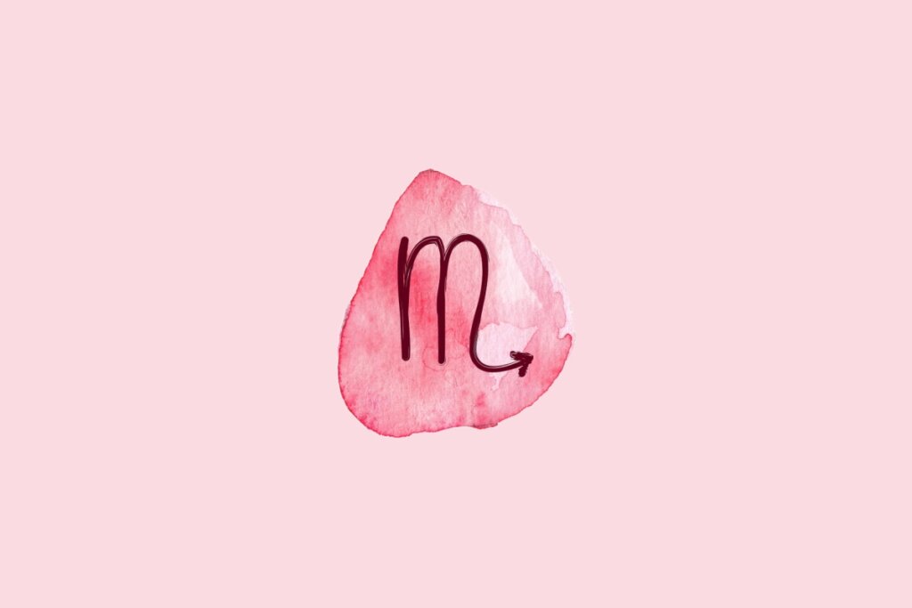 Ilustração do signo de Escorpião contendo o símbolo de três linhas verticais conectadas com uma seta apontando para cima à direita em aquarela rosa sobre fundo rosa-claro