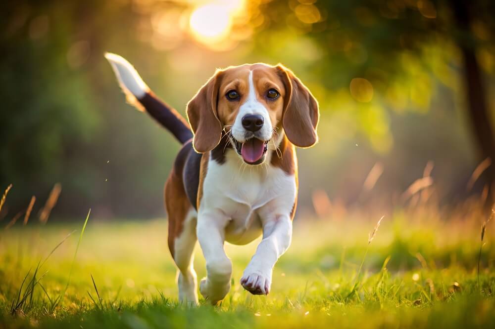 Beagle correndo na grama