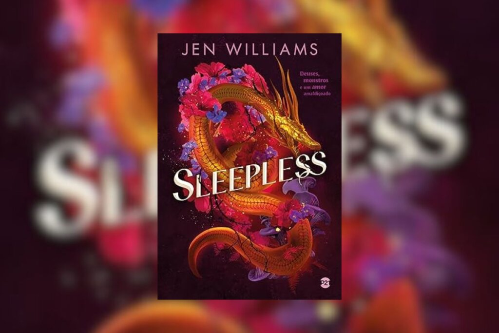Capa do livro " Sleepless", com o fundo preto e a ilustração de um dragão dourado 