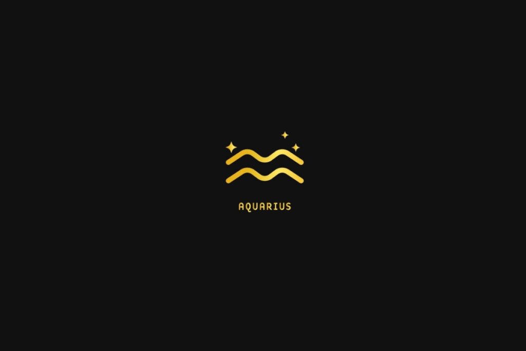 Ilustração do signo de Aquário em dourado, sobre um fundo preto, com estrelas ao redor