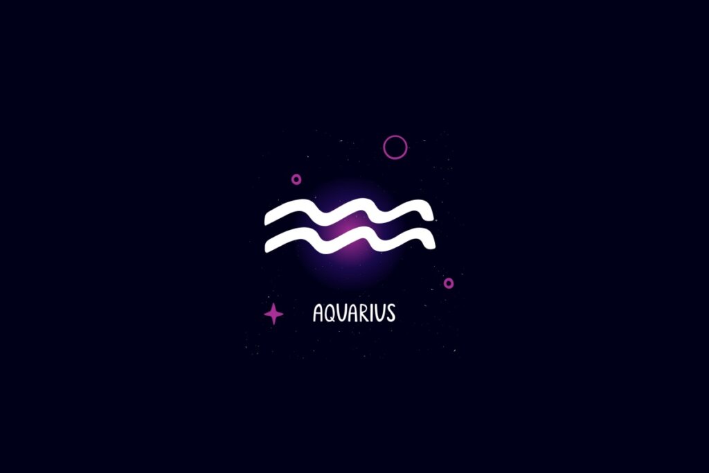 Ilustração do signo de aquário, na cor branca, em um fundo azul-escuro, com estrelas roxas ao redor.