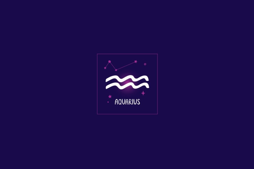 Ilustração do signo de aquário, em um fundo azul-escuro, rodeado por estrelas rosa e um quadrado da mesma cor