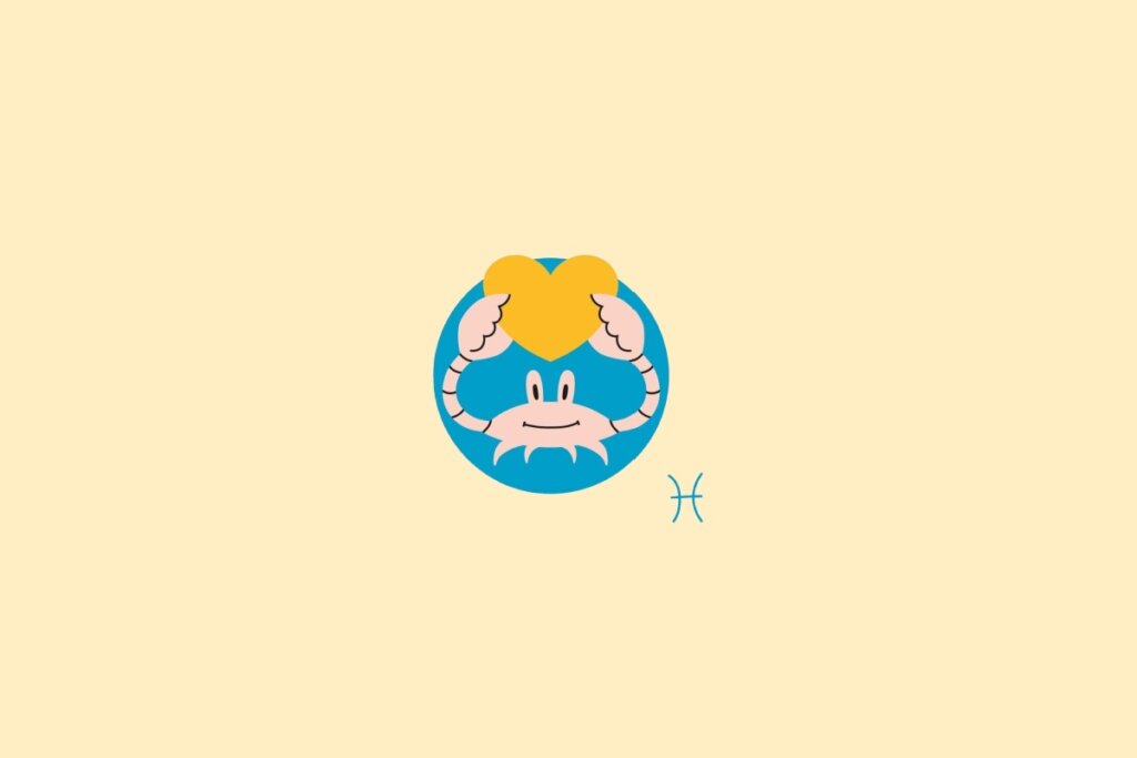 Ilustração de um caranguejo em um círculo azul, sobre um fundo amarelo-claro