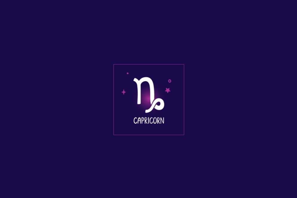 Ilustração do signo de capricórnio, em um fundo azul-escuro, rodeado por estrelas rosa e um quadrado da mesma cor