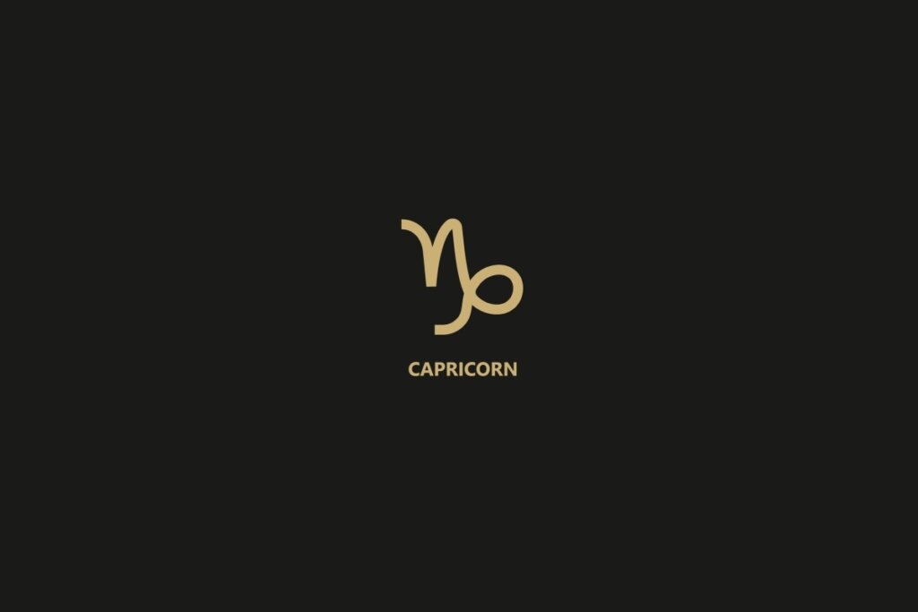 Ilustração do signo de capricórnio sobre um fundo preto, com o nome do signo logo abaixo.