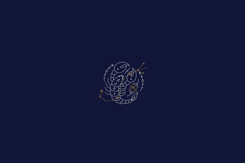 ilustração branca de um escorpião representando o signo de escorpião sobre fundo azul-escuro