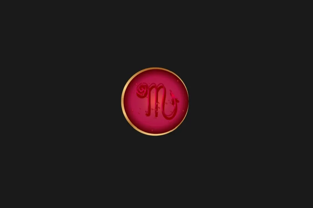Ilustração do signo de Escorpião, em um círculo vermelho com borda dourada, sobre um fundo preto