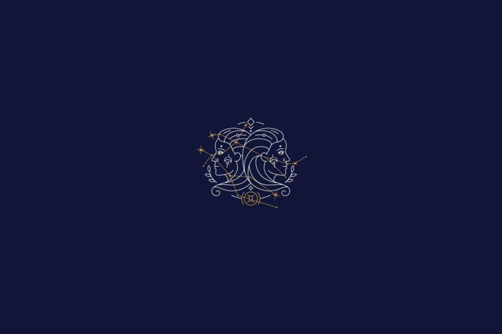 ilustração branca de duas cabeças representando o signo de gêmeos sobre fundo azul-escuro