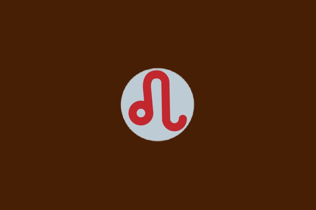 Ilustração do signo de Leão, com símbolo vermelho com curva e círculo lembrando uma cauda, dentro de um círculo cinza sobre fundo marrom-escuro