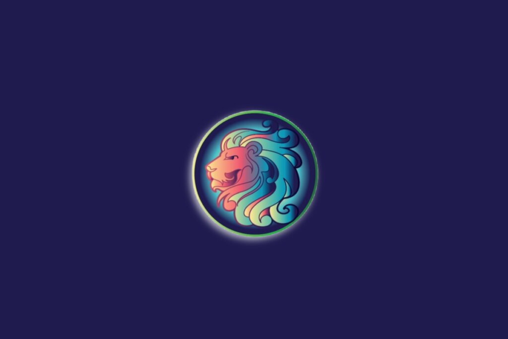 Ilustração do signo de leão em um círculo nas cores amarela, rosa e roxa sobre um fundo azul-escuro
