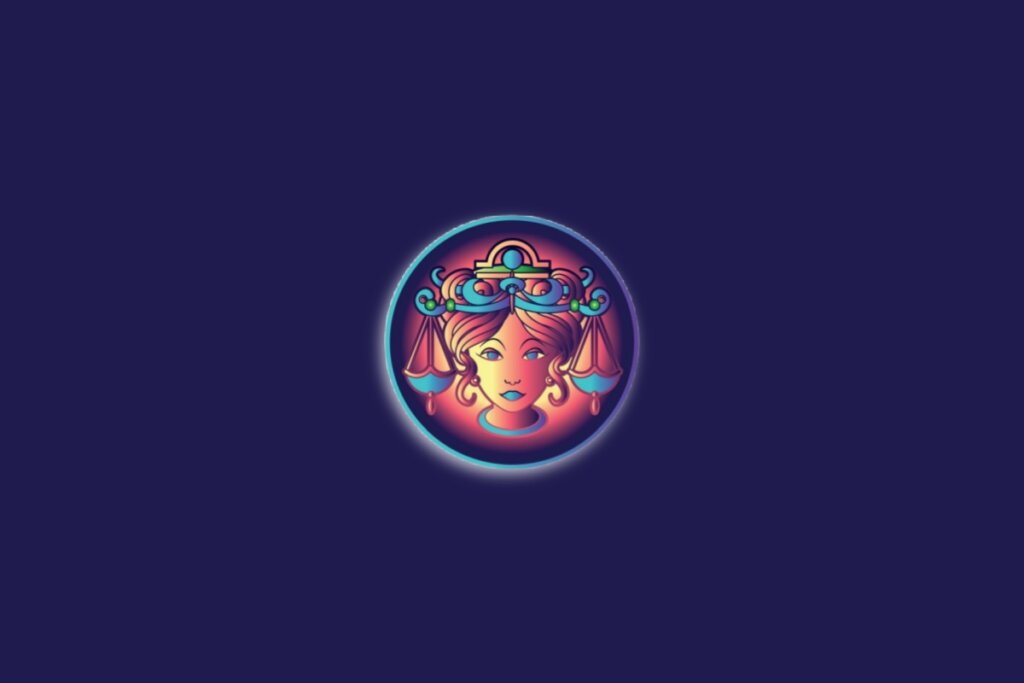 Ilustração do signo de libra em um círculo nas cores amarela, rosa e roxa sobre um fundo azul-escuro