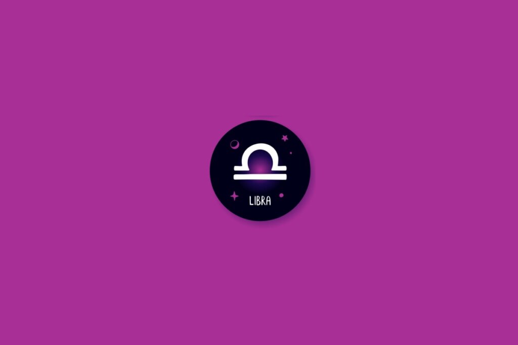 Ilustração de um círculo preto com o símbolo de libra dentro, com estrelas roxas, sobre um fundo roxo