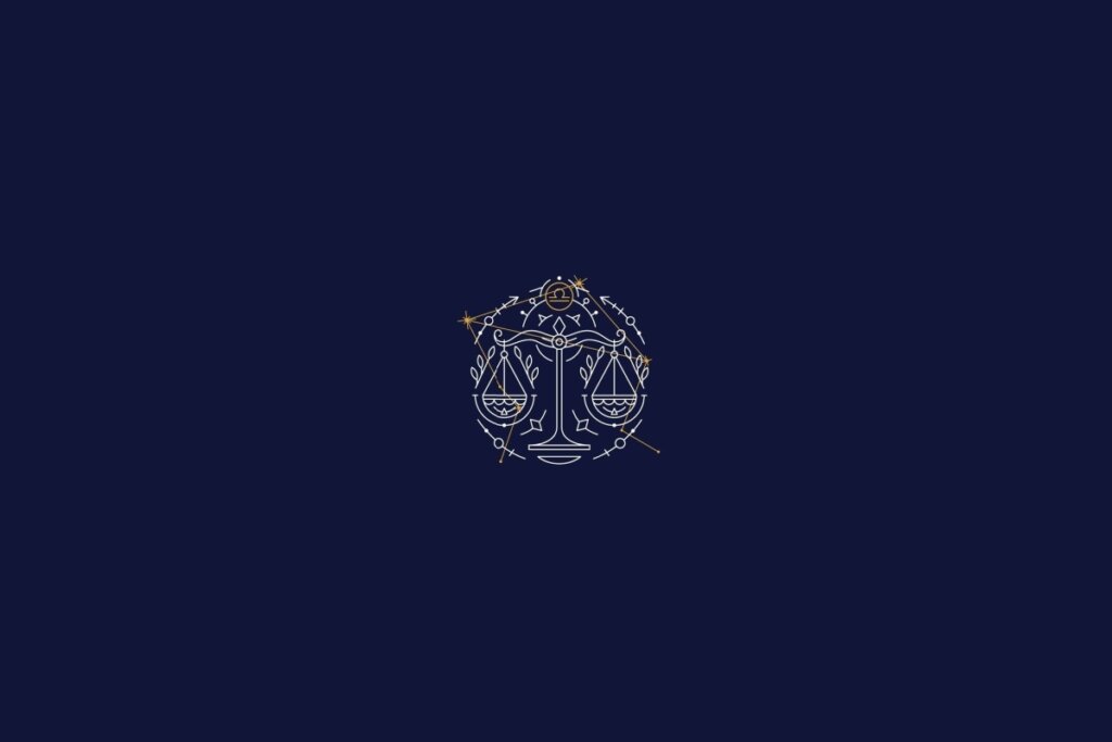 ilustração branca de uma balança representando o signo de libra sobre fundo azul-escuro