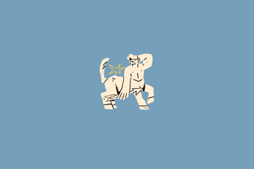 Ilustração de um centauro em amarelo-claro sobre um fundo azul