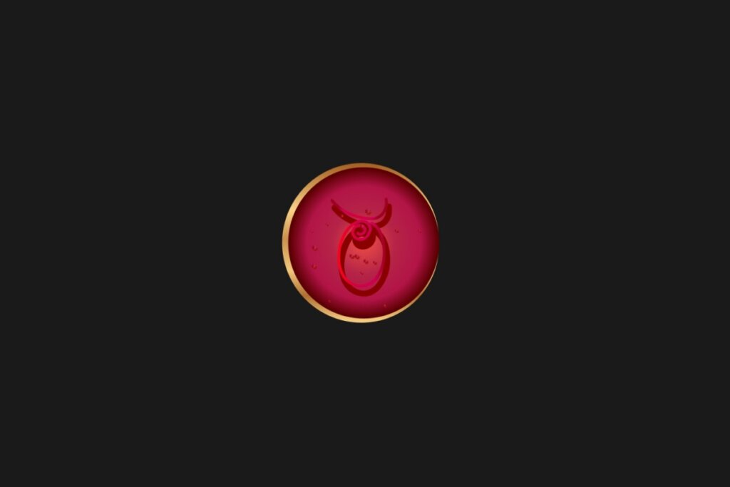 Ilustração do signo de Touro, em um círculo vermelho com borda dourada, sobre um fundo preto
