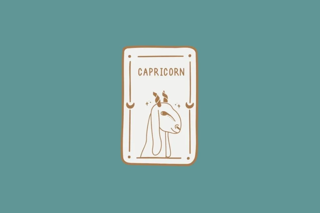 Ilustração do signo de Capricórnio, em fundo verde-azulado, contendo a cabeça de uma cabra com chifres curvos, focinho alongado e detalhes em linhas suaves