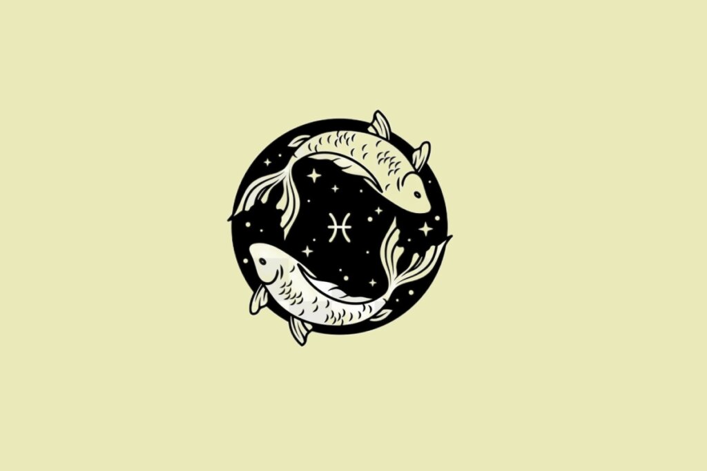Ilustração do signo de Peixes em preto sobre um fundo amarelo