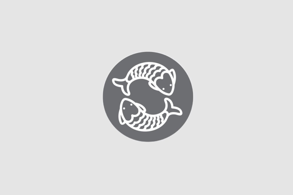 Ilustração do signo de Peixe com dois peixes em direções opostas, em um fundo cinza