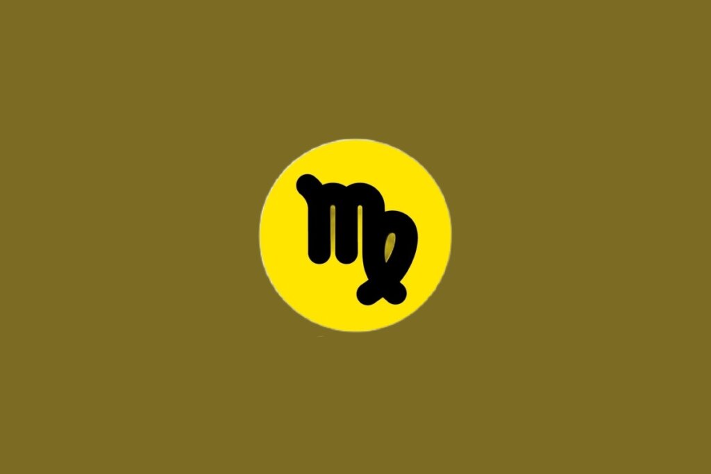 Ilustração do signo de Virgem, contendo glifo preto em “m” com laço final fechado, em círculo amarelo, em um fundo marrom