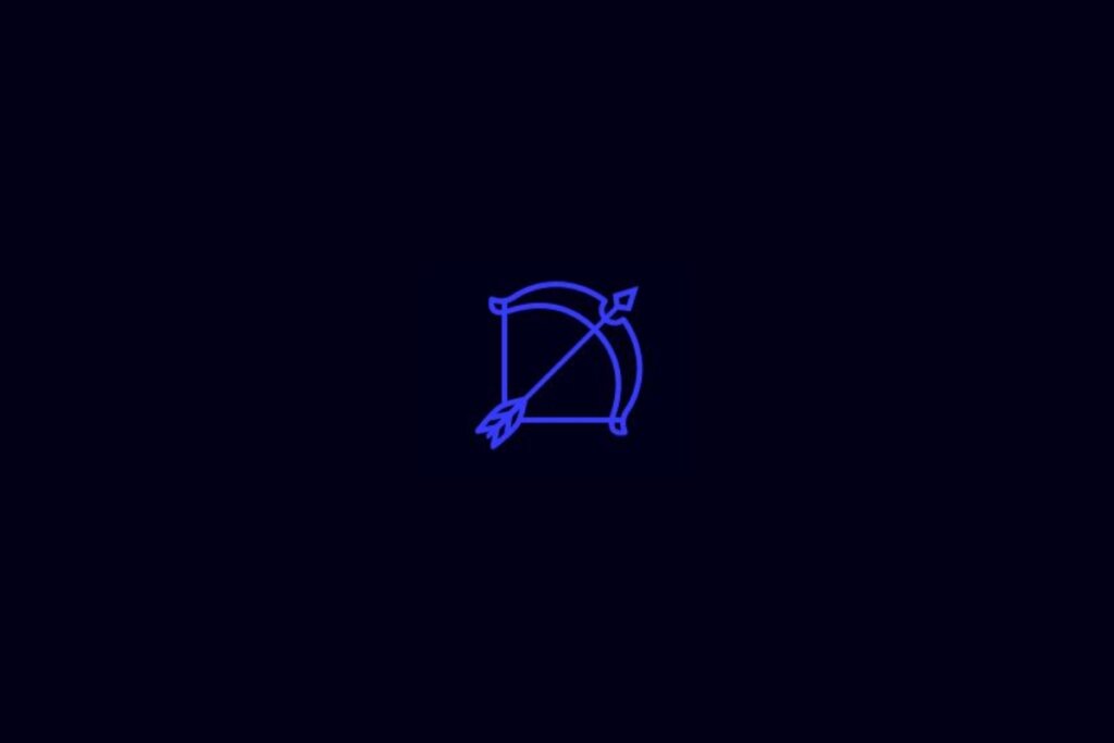 ilustração de um arco e flecha azul representando o signo de sagitário sobre fundo azul-escuro